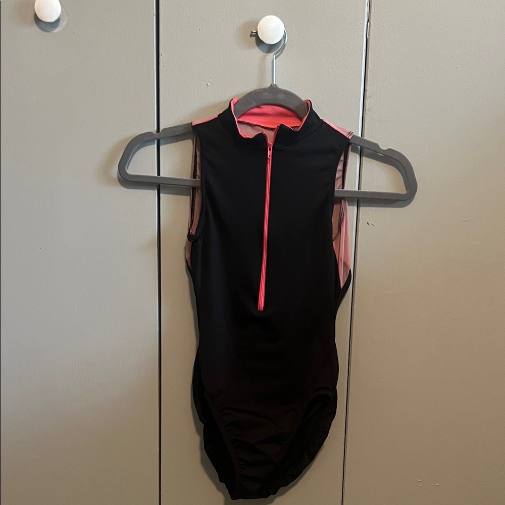 Black and Pink Sleeveless Leotard with zip front and open mesh back